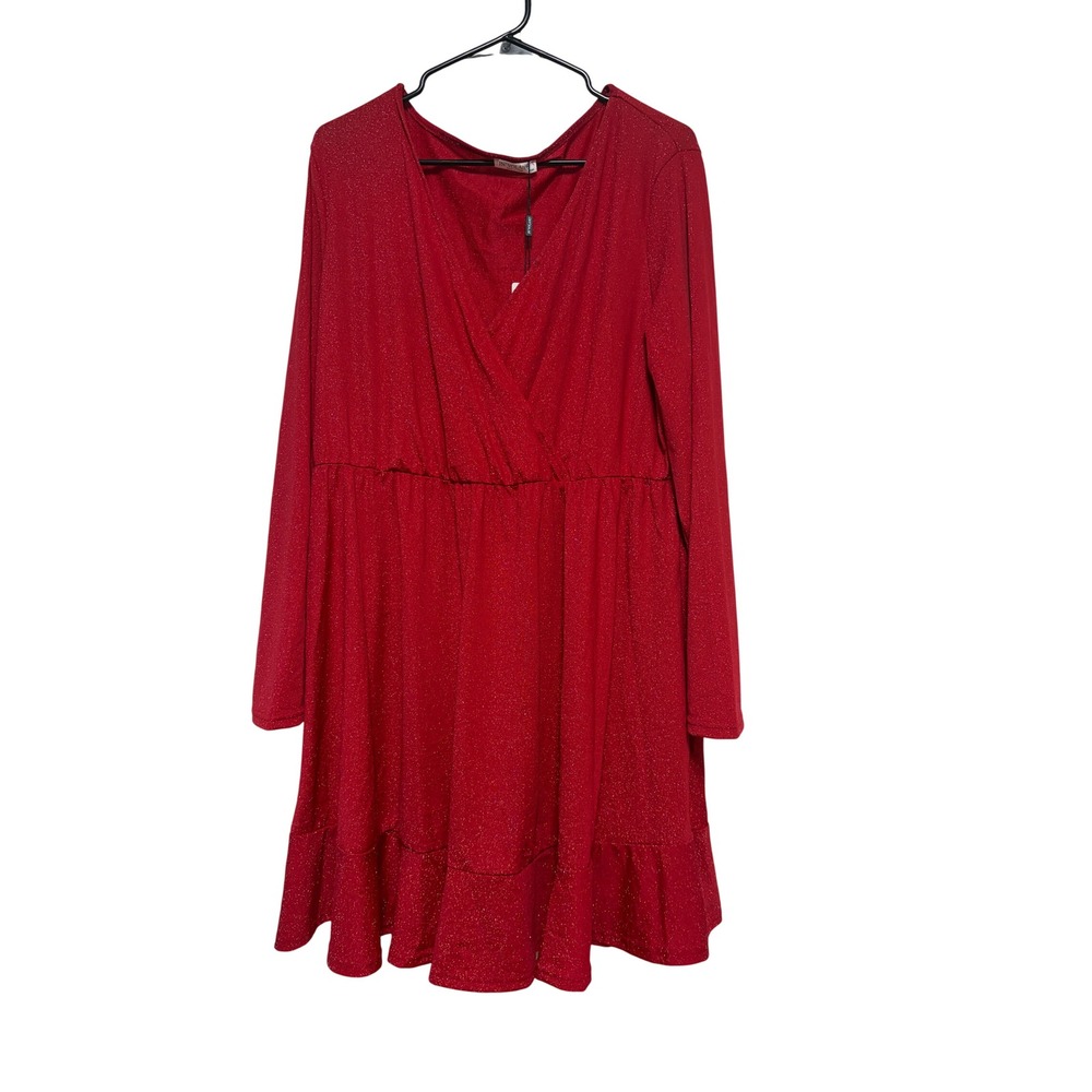 IN'VOLAND Red Shimmer Metallic V-Neck Ruffle Hem Holiday Dress Plus Size 20W